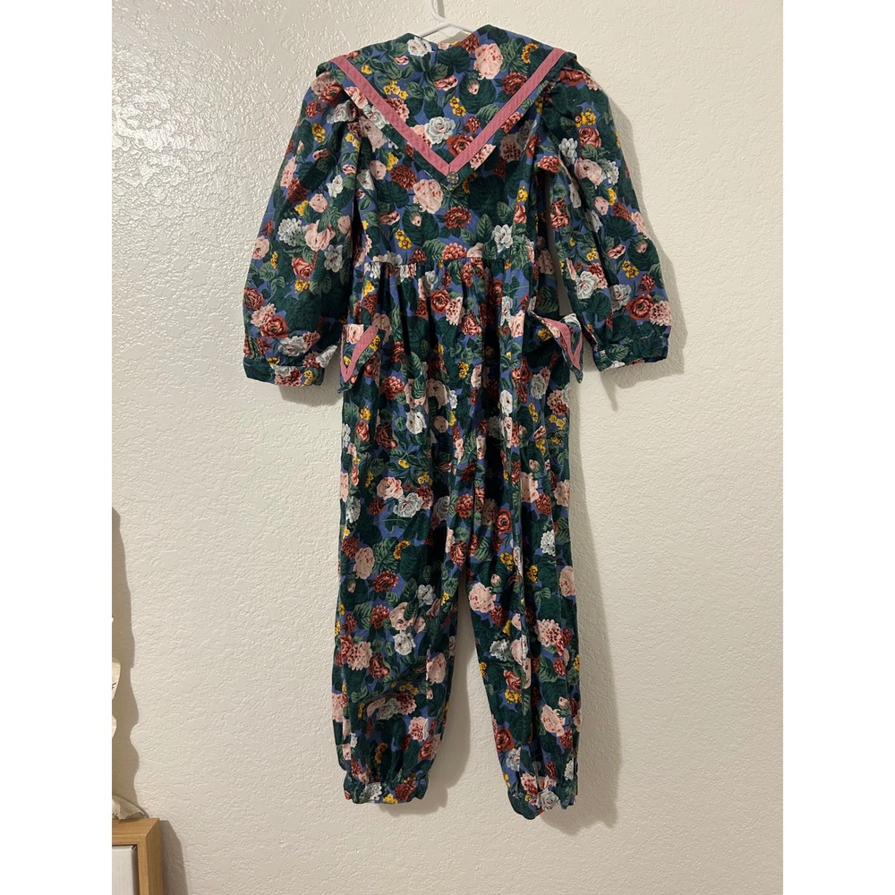 Wee Clancy Vintage Girls Floral Sailor Collar Jumpsuit Cotton Blue Pink‎ Size 6